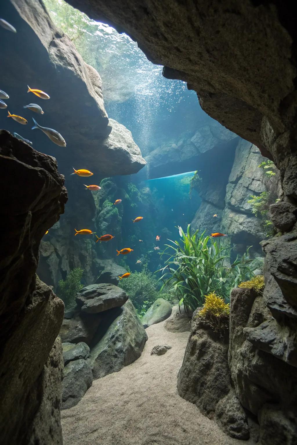 A subterranean cave setup offers mystery and intrigue.