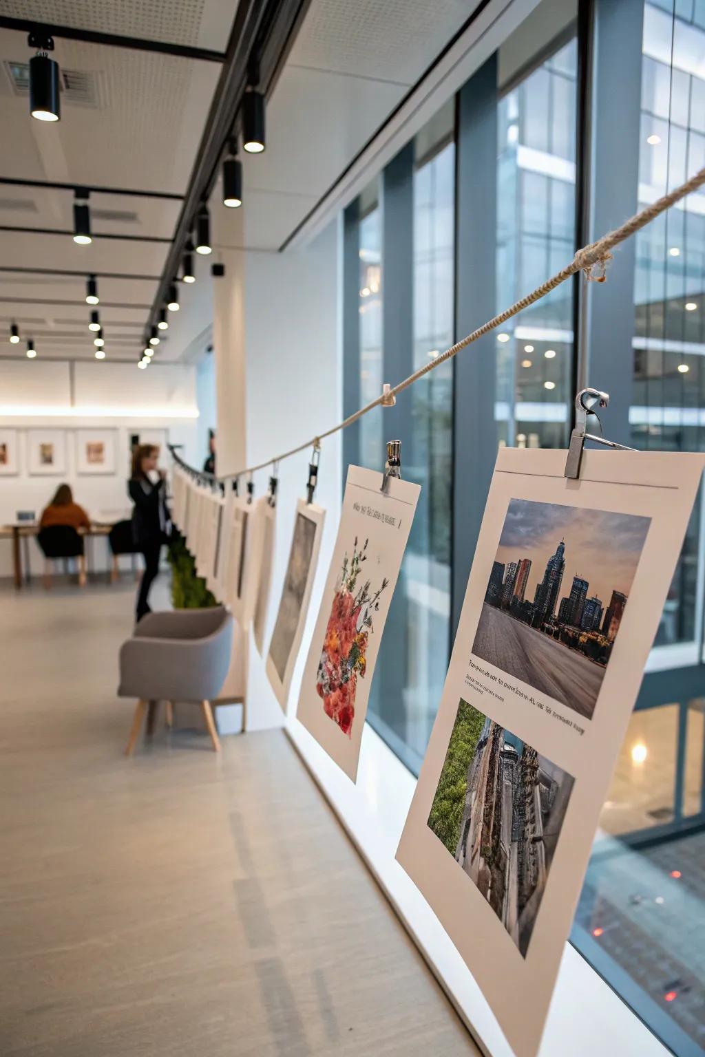 Art prints clipped to a minimalist hanging system.