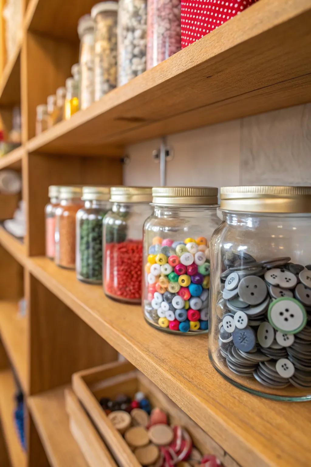 Glass jars provide pretty and practical storage for small objects.