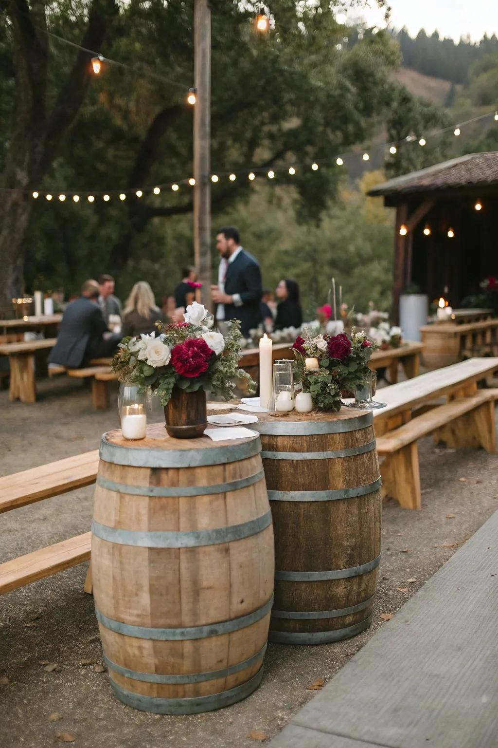 Timber casks append a rustic feel to wedding tables.