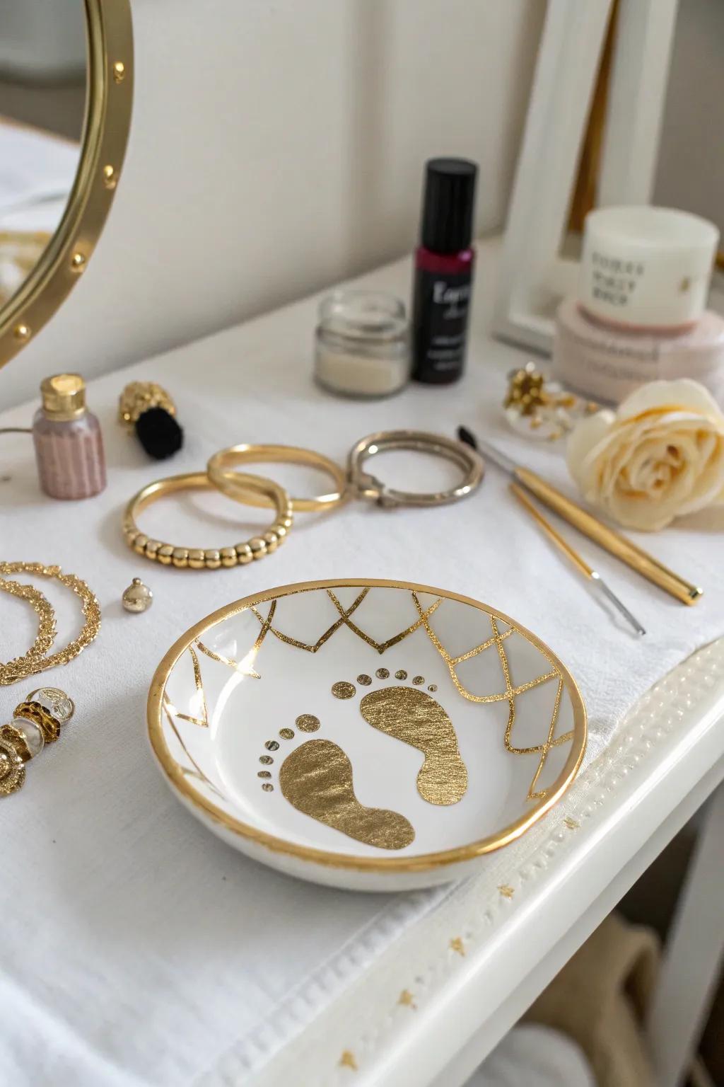 An elegant ornamentation dish immortalizing tiny footprints for eternity.