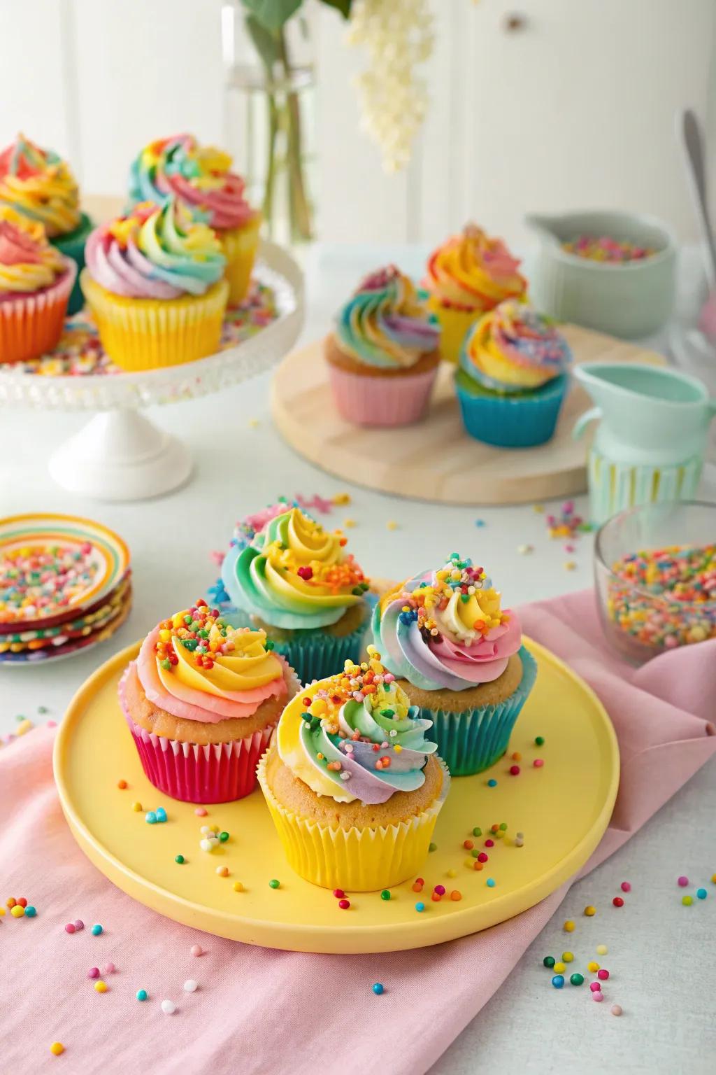 Rainbow sprinkle cupcakes instill enjoyment into the celebration.