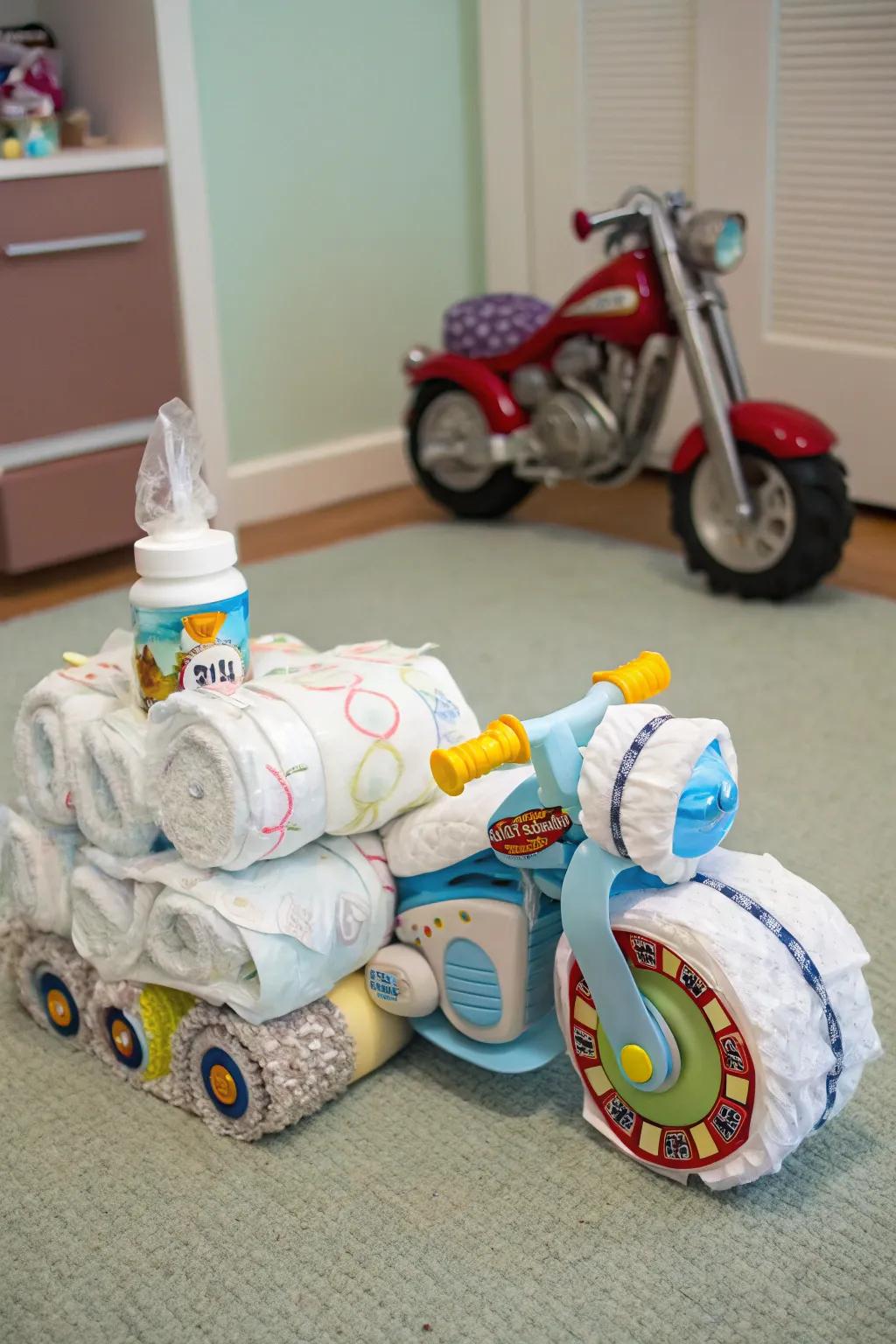 A standout diaper motorcycle for adventurous parents.
