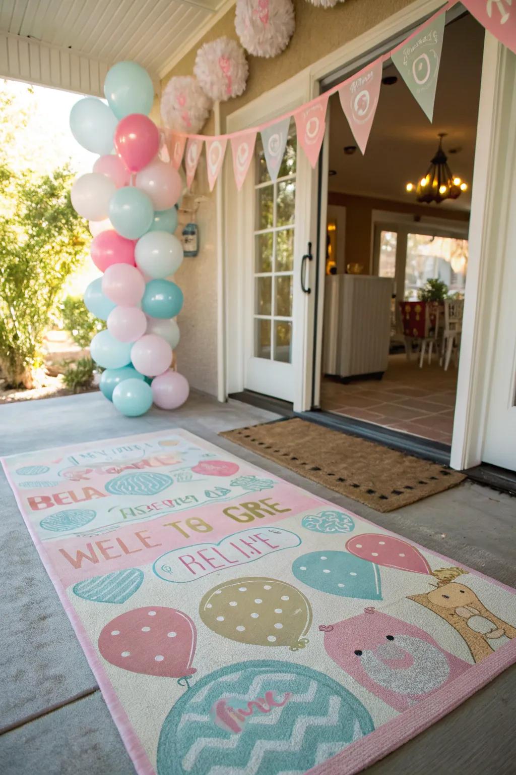 A patterned mat introduces texture and pigmentation to the baby shower's passageway.