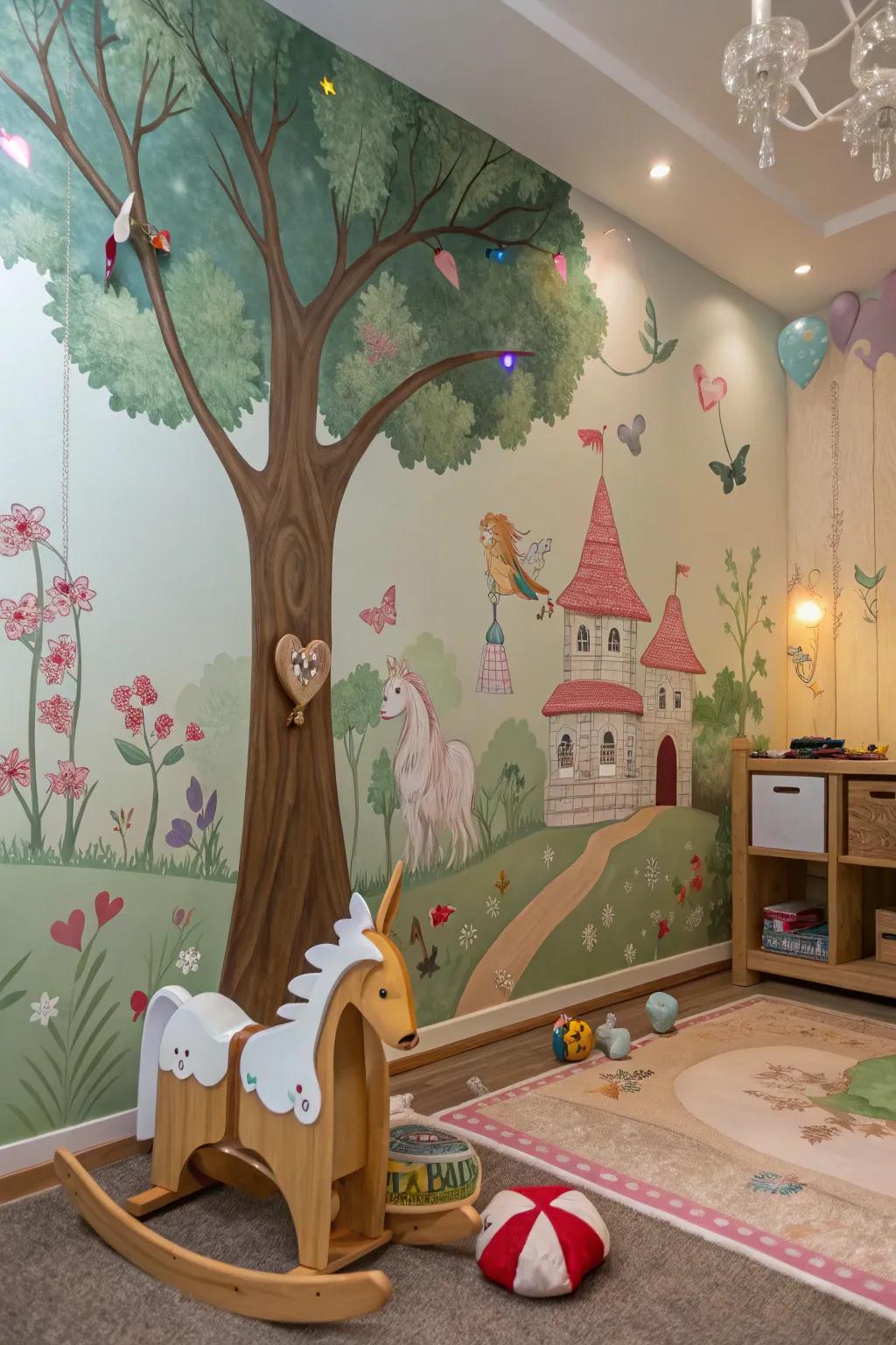 A recreational space showcasing a playful woodland artwork incorporating fairy tale elements.