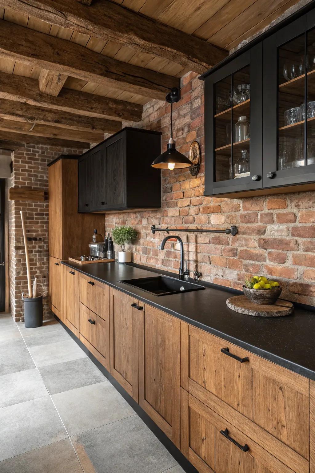 Stone block backsplashes add countryside texture and character.