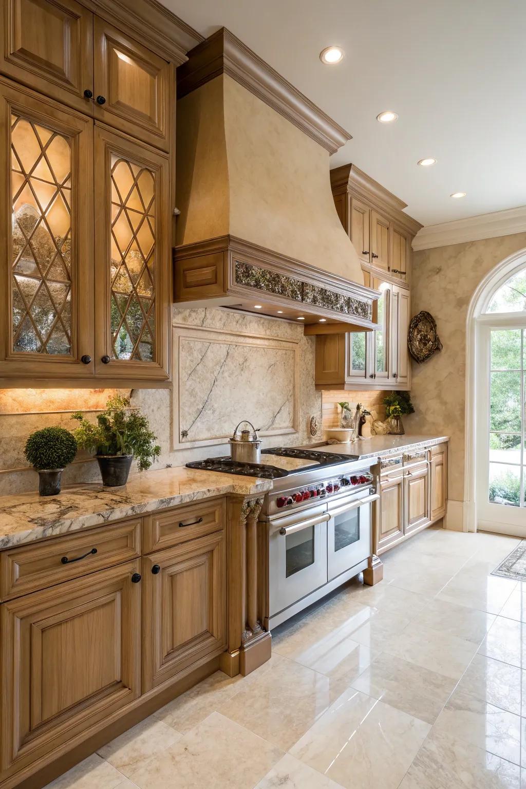 Marble tiles introduce a surge of elegance to maple cabinets.