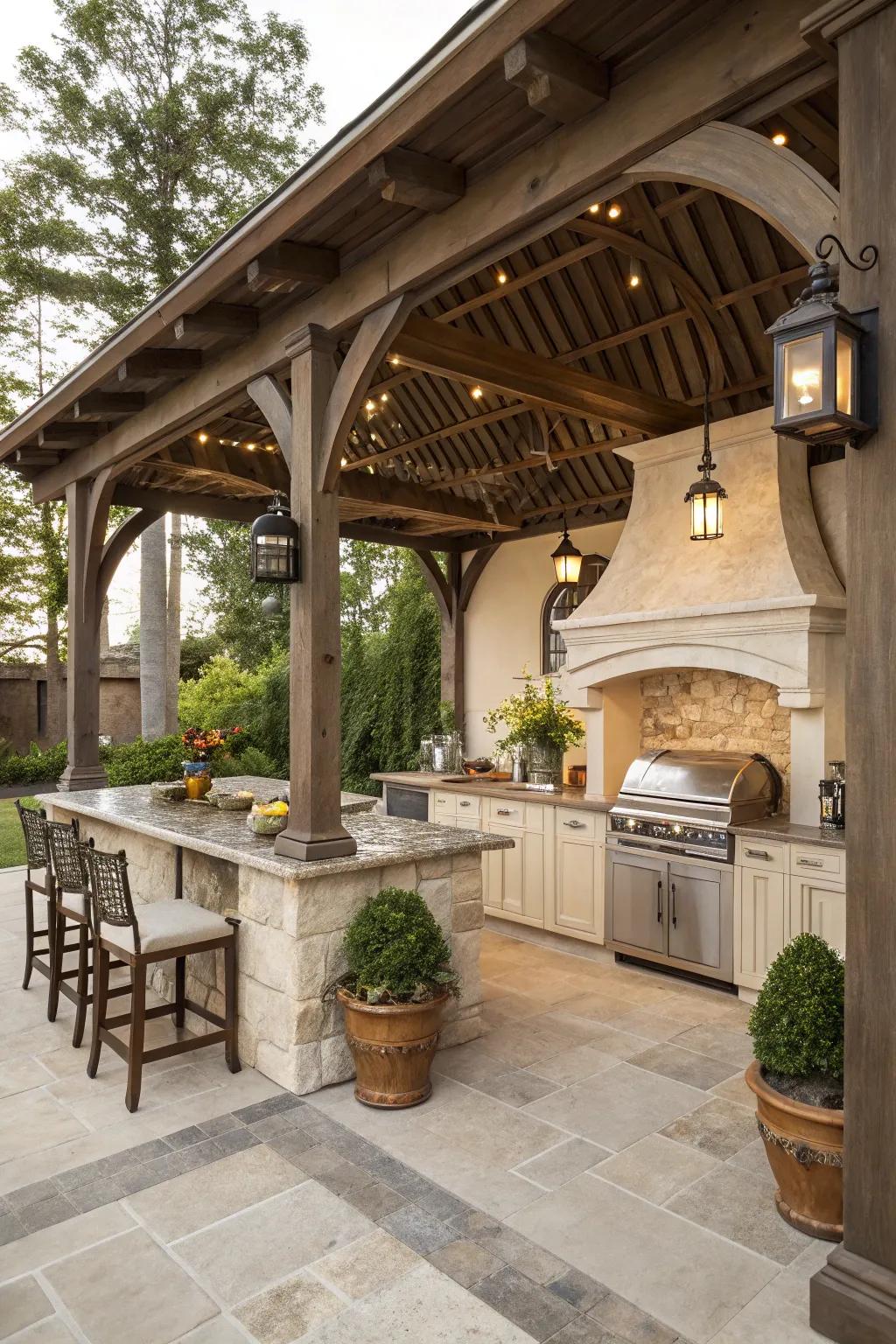A vintage-inspired pavilion transports timeless elegance to your backyard kitchen.