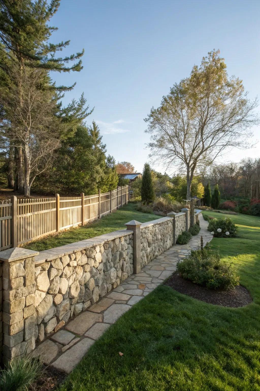 A rock fence delivers sturdiness and inherent accord.