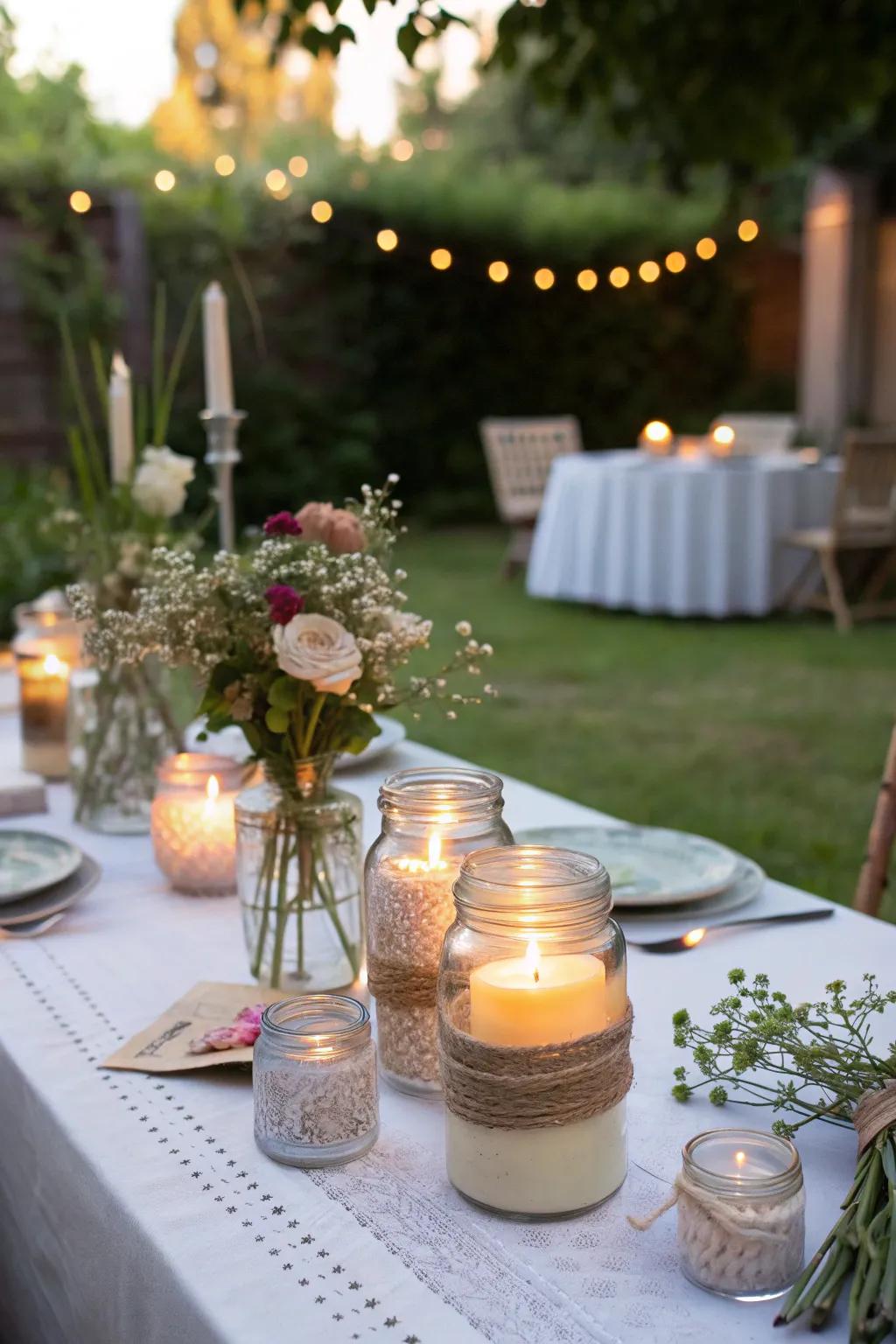 DIY candle vessels contribute a personalized element and warm radiance to the celebration.