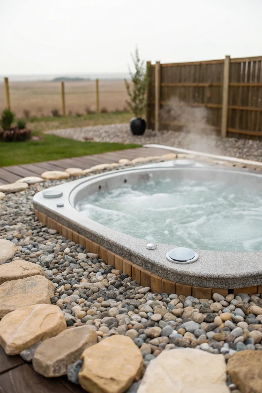Gravel imparts a natural, textured visual encircling the spa.