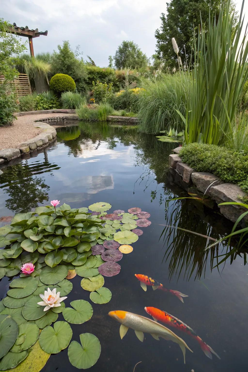A serene pond imbues your garden with natural elegance and tranquility.