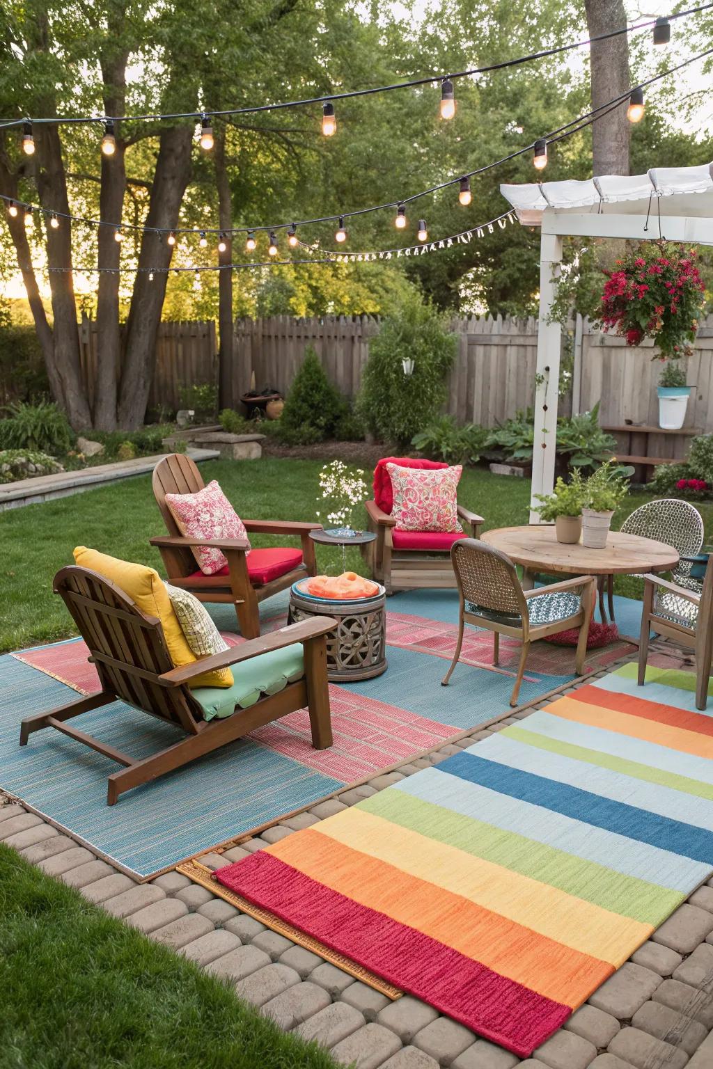 Exterior rugs delineate space and introduce color.