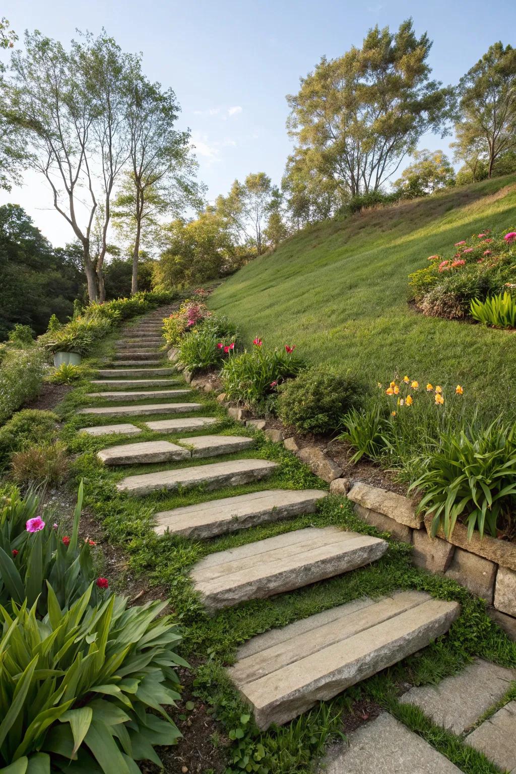 Stairways elegantly connect various garden levels.