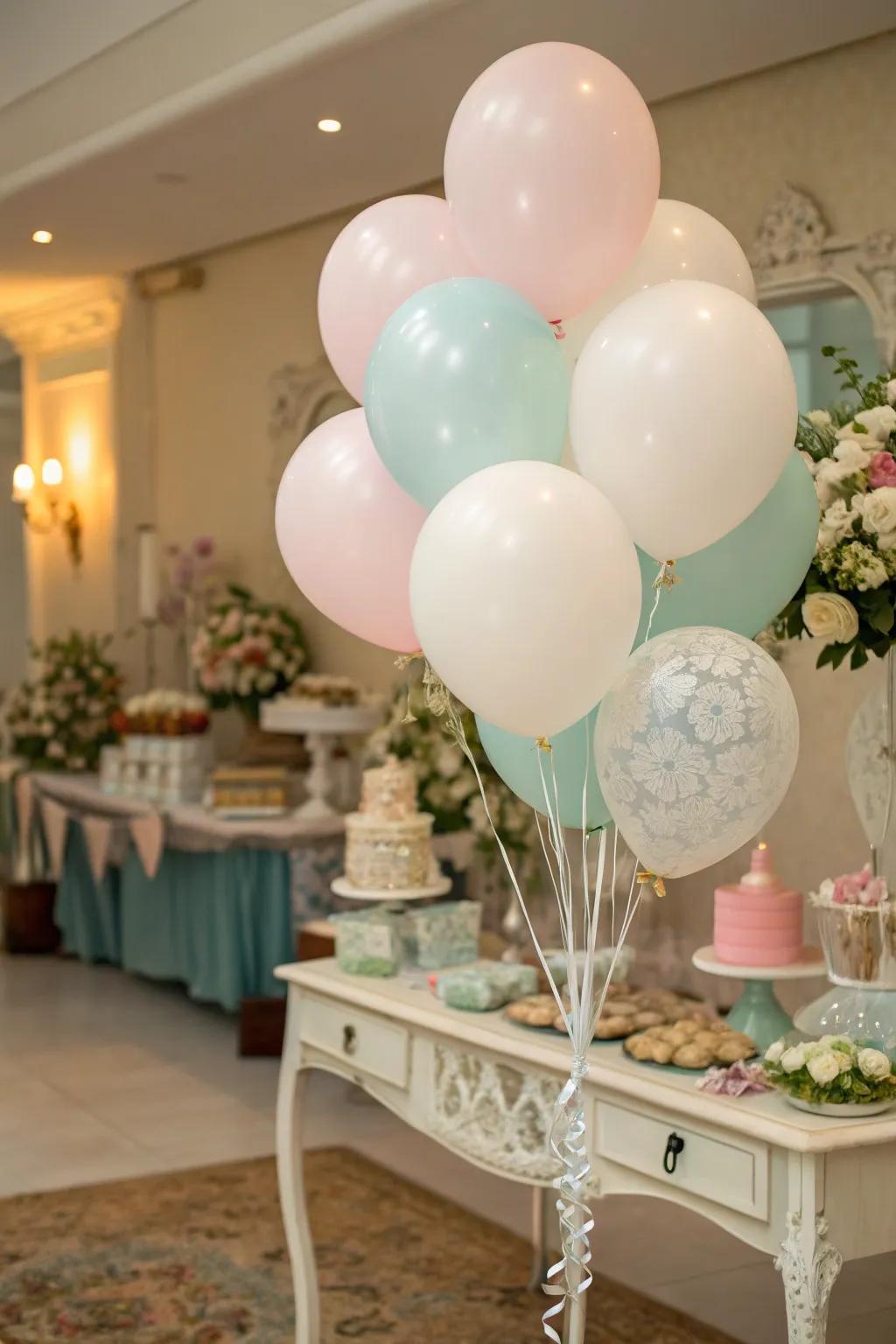 Vintage balloon clusters add timeless charm to the decor.