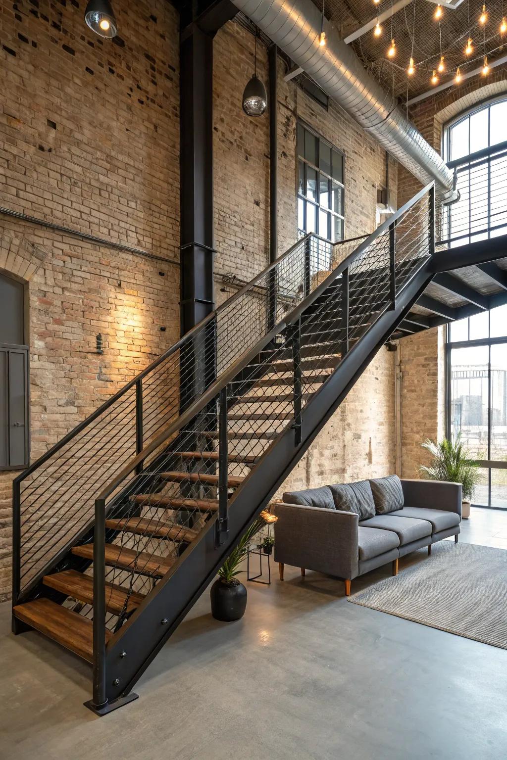 Edgy and modern with industrial ironwork stair rails.