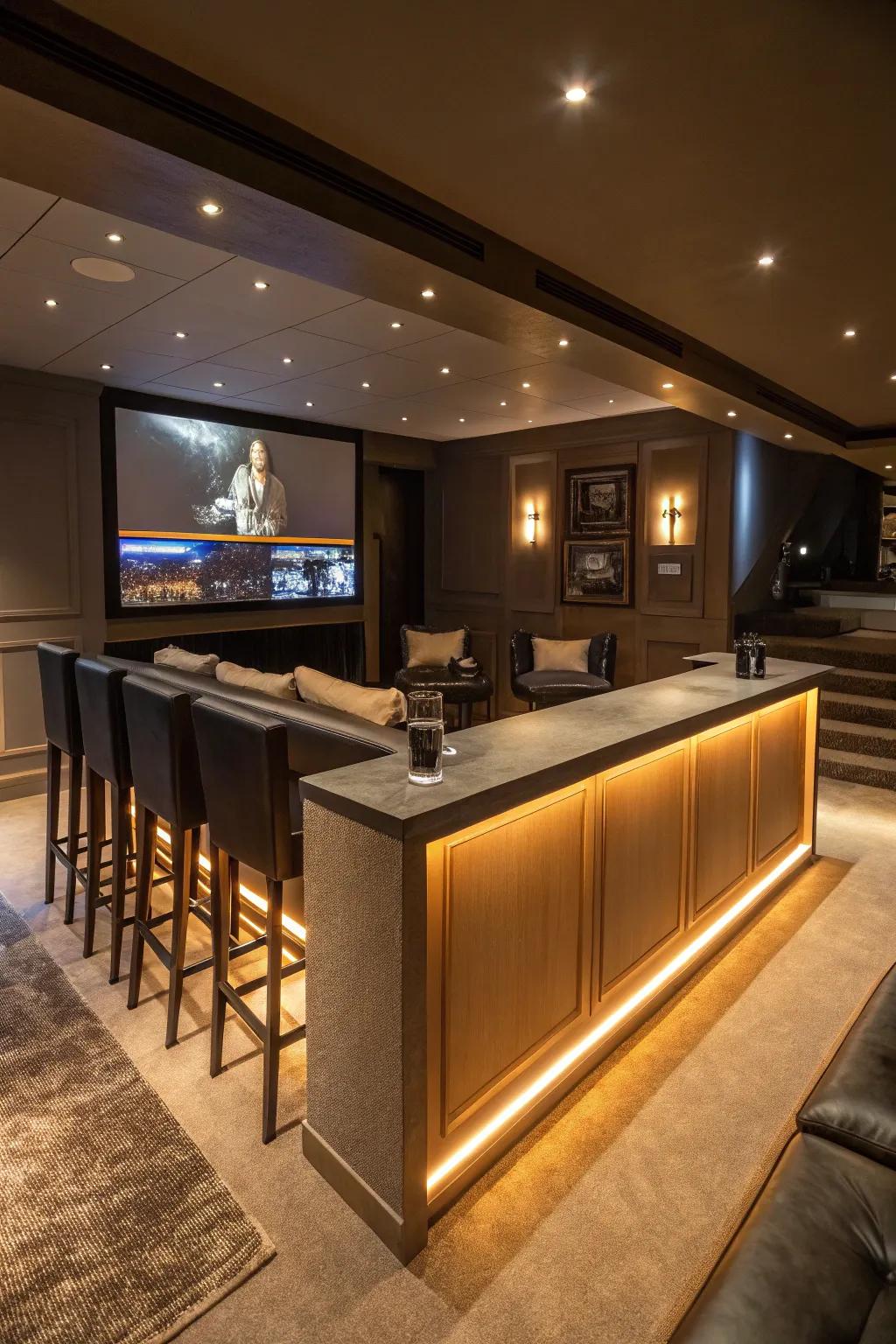 Integrated lighting enhances this bar's ambiance.