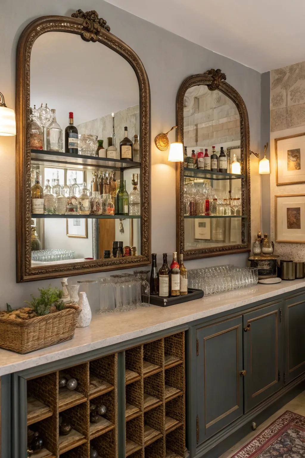 Vintage sensibilities by using antique mirrors and shelving.