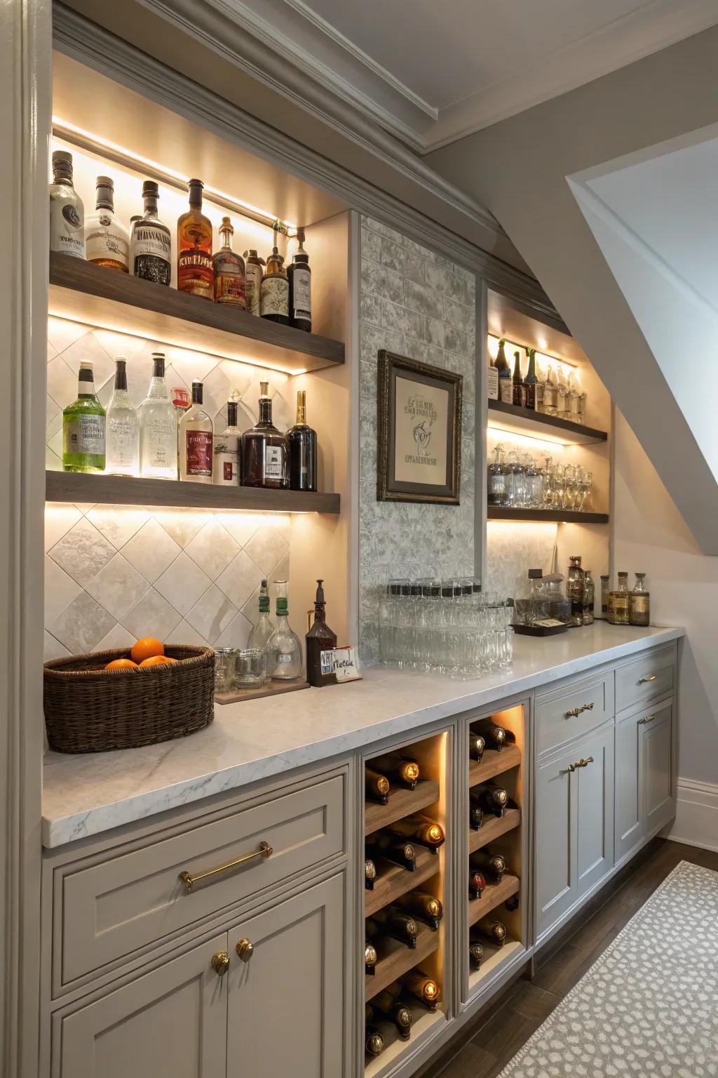 Concealed shelves offer a sleek storage solution.