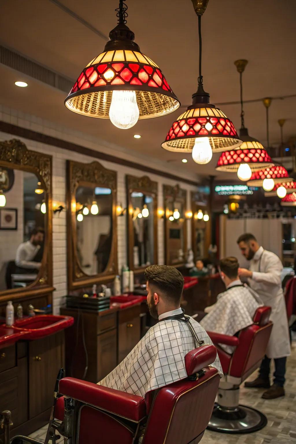Pendant lights with a distinction adding intrigue to a barbershop.