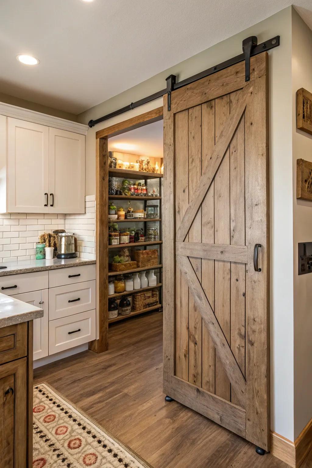 A culinary space showcasing a sliding barn aperture delineated by the pantry, featuring overlap paneling texture.