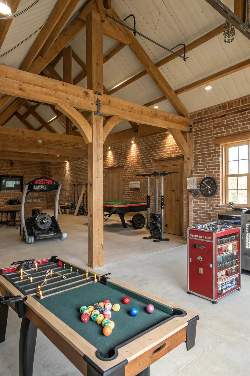 This barn garage has a recreation area that offers chances for enjoyment and fitness.