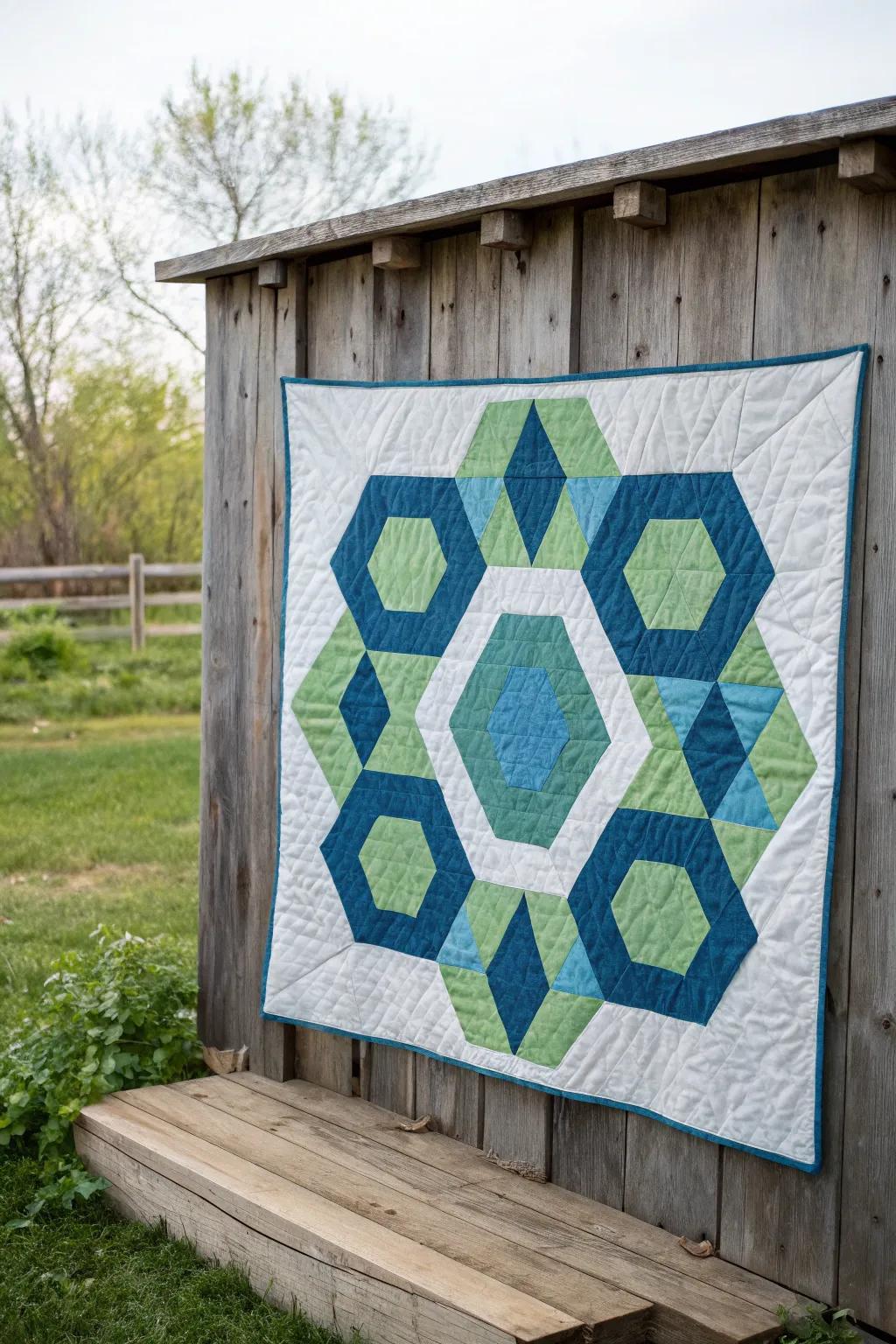Hexagon quilt design with contemporary appeal.