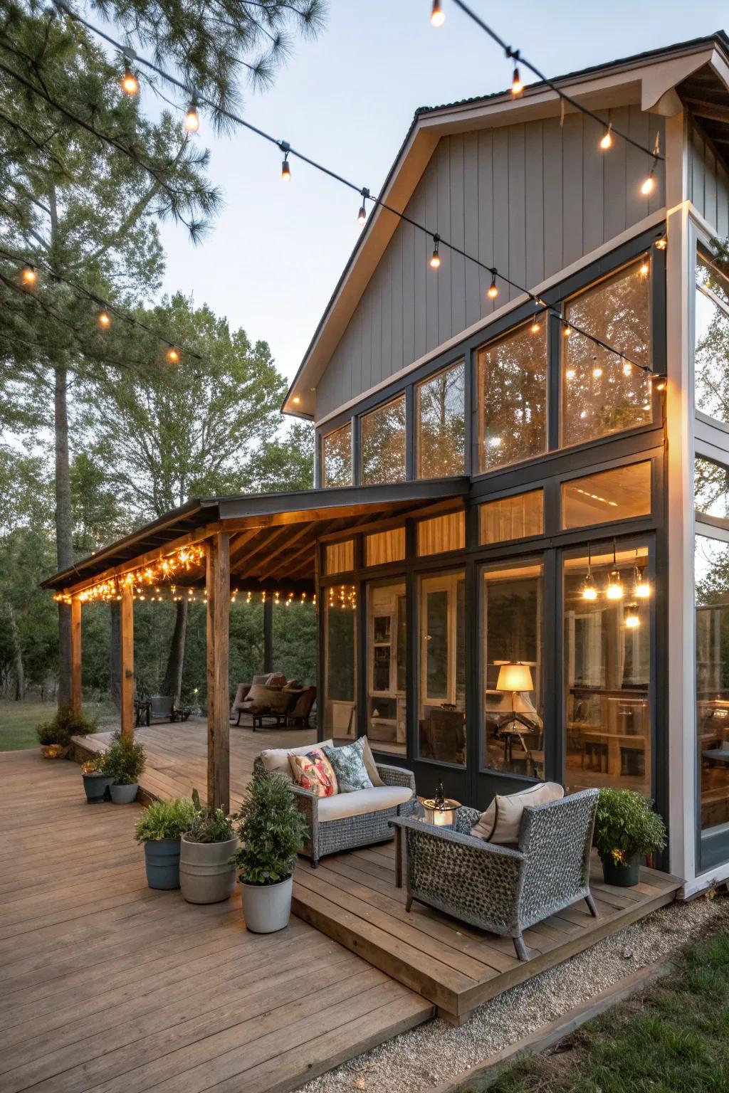 A screened-in veranda offers a bug-free outdoor experience.
