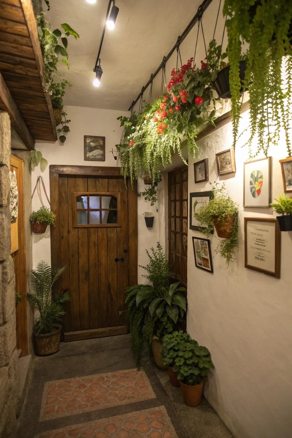Hanging plants introduce greenery without cluttering the area.