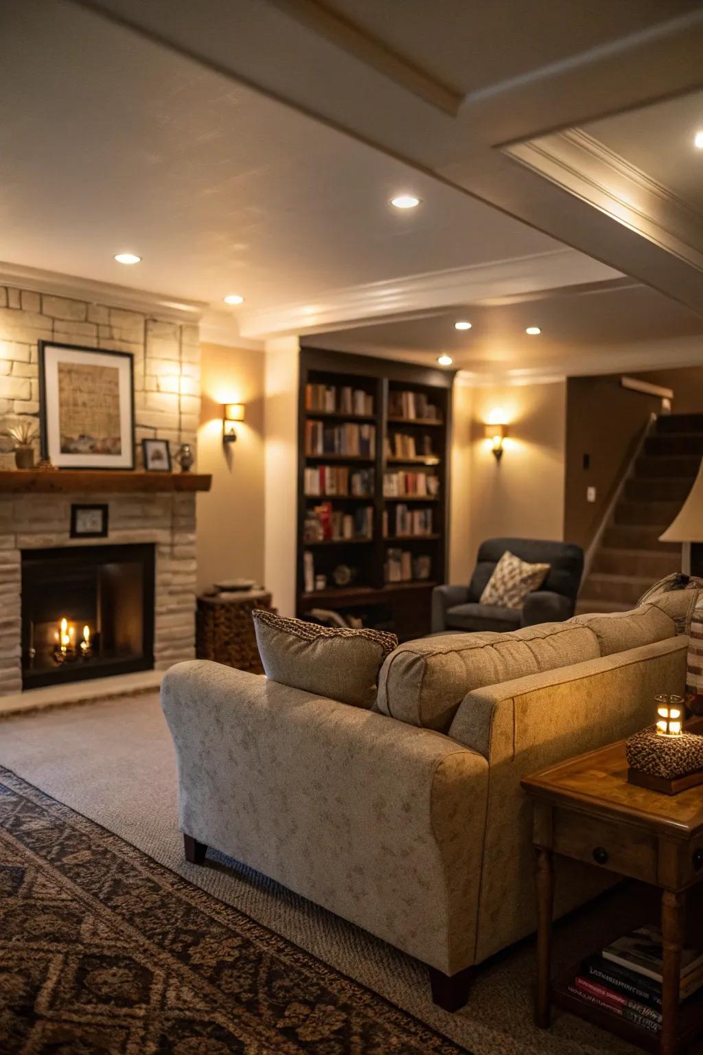 Stratified illumination metamorphoses this basement into a cozy and welcoming retreat.