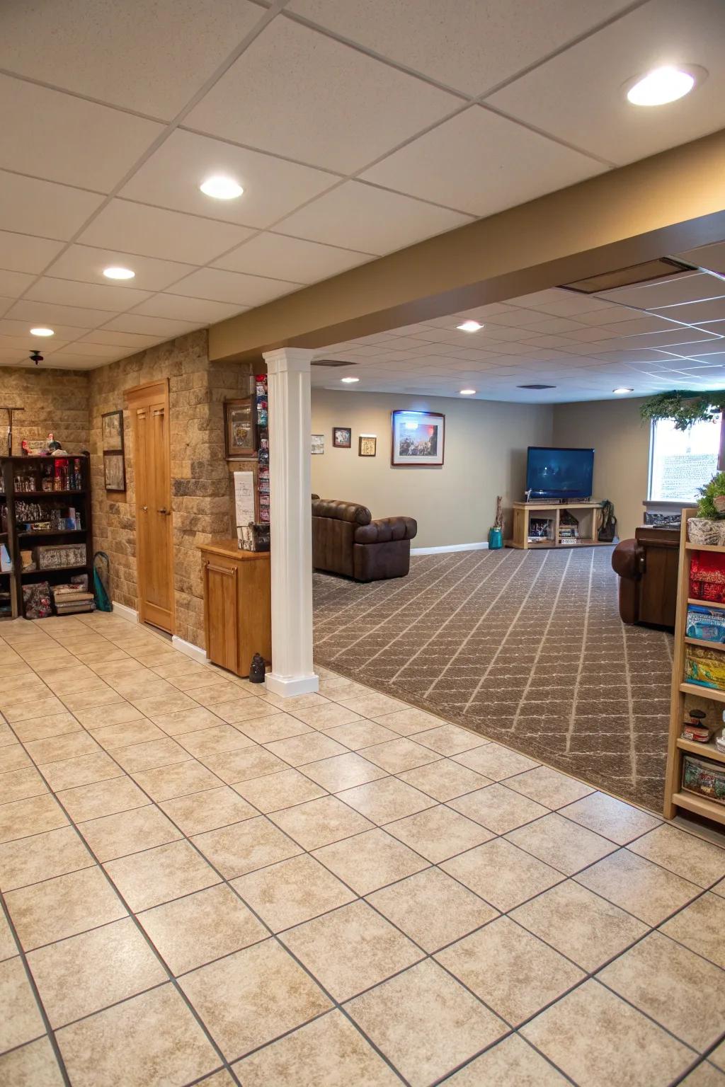 Board and carpet combos provide practical zoning in basements.