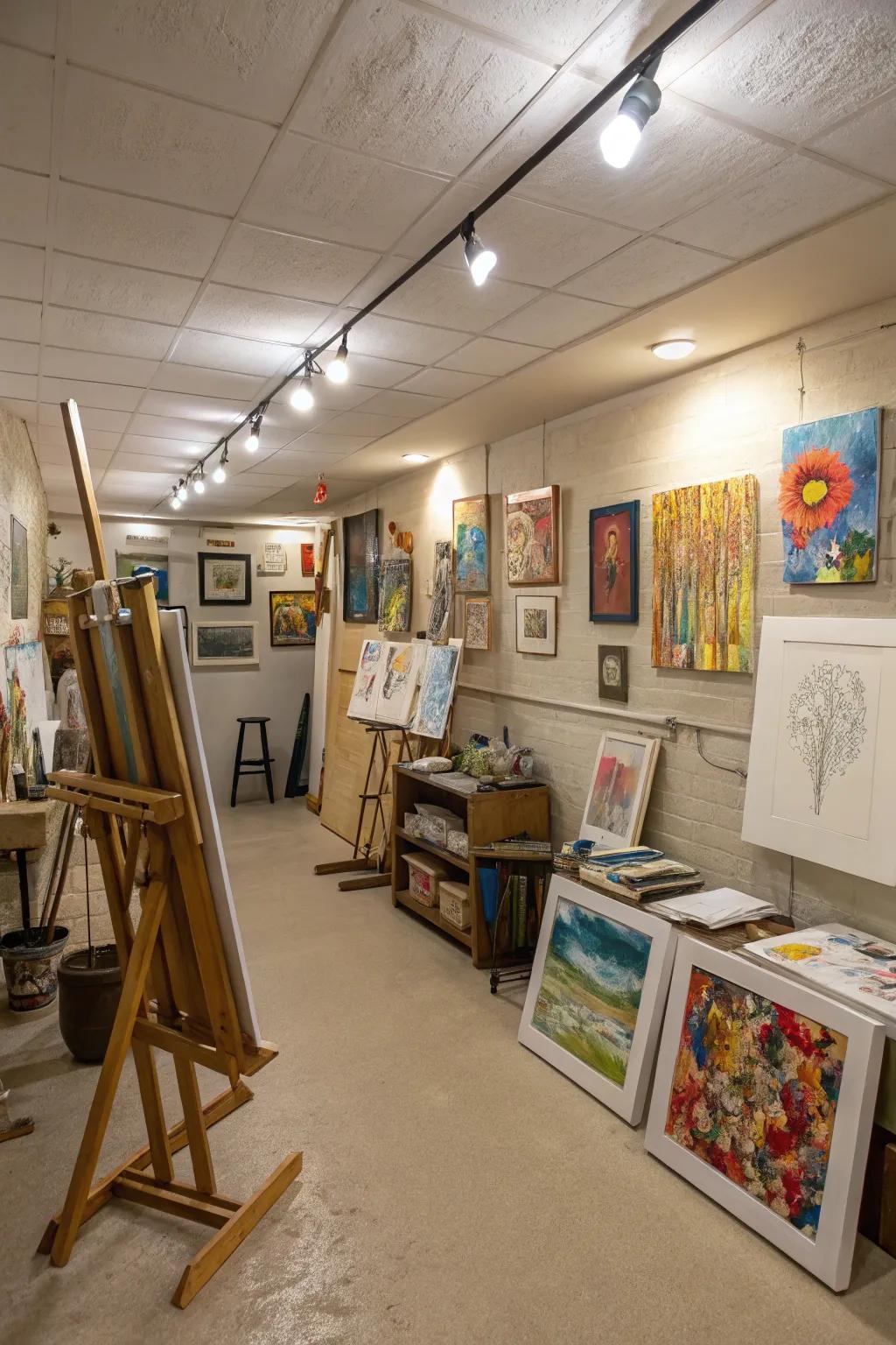 A vibrant basement creative workshop prepared for imagination.
