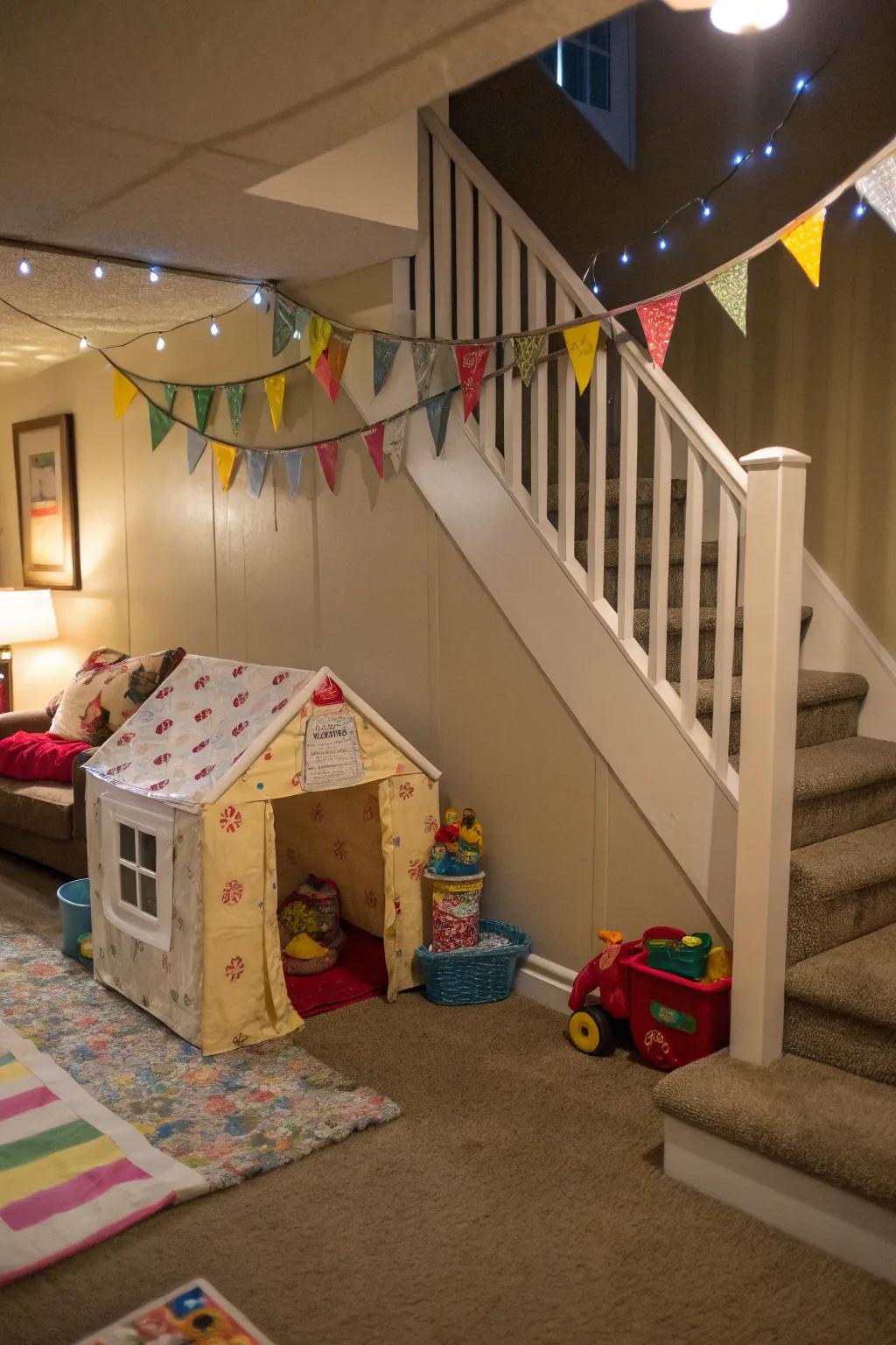 An under-step playhouse is a whimsical retreat for children.