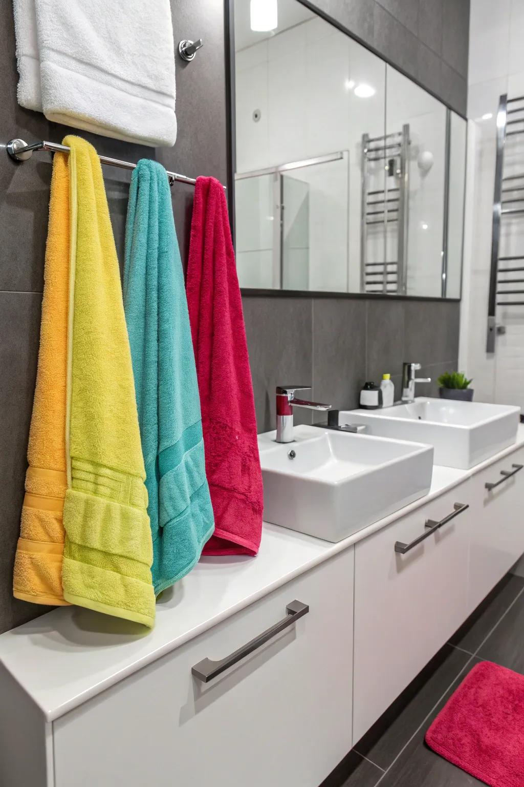 Introduce color with vibrant hand towels for a dynamic result.