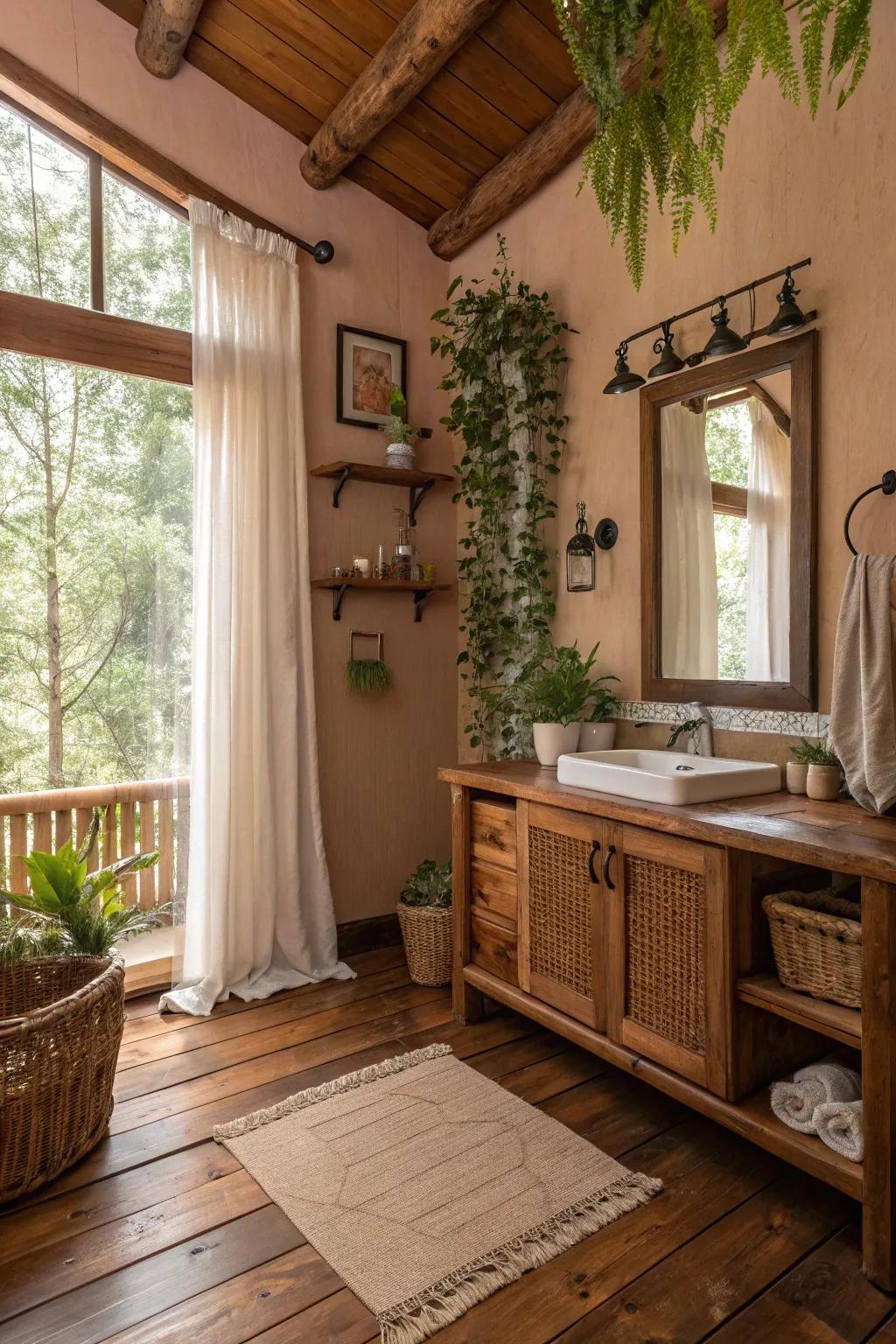 Transform your restroom into a snug woodland retreat with inherent resources.