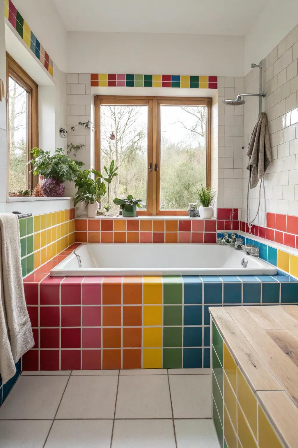 Imbue vigor through vibrant chromatic partitioning encircling the tub.