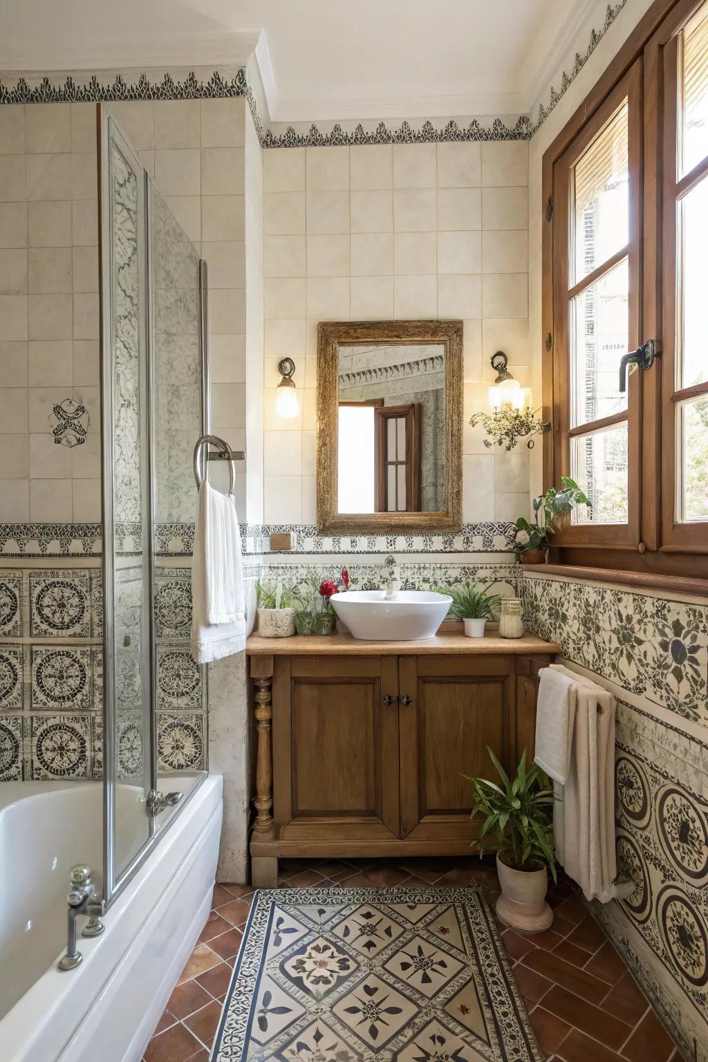 Vintage edgings bestow allure and character upon washroom expanses.