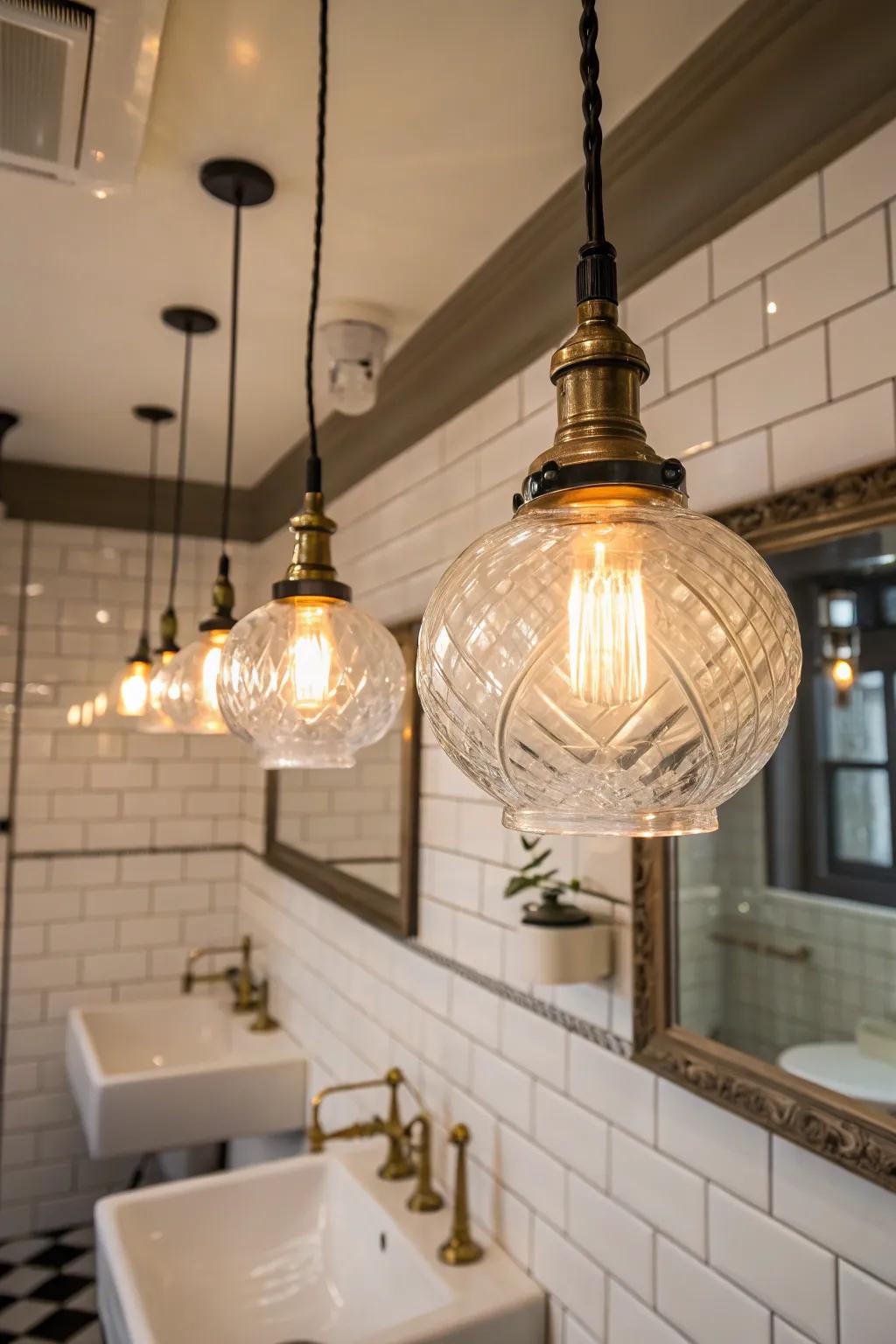 Glass pendants bring vintage charm and elegance to your bathroom.