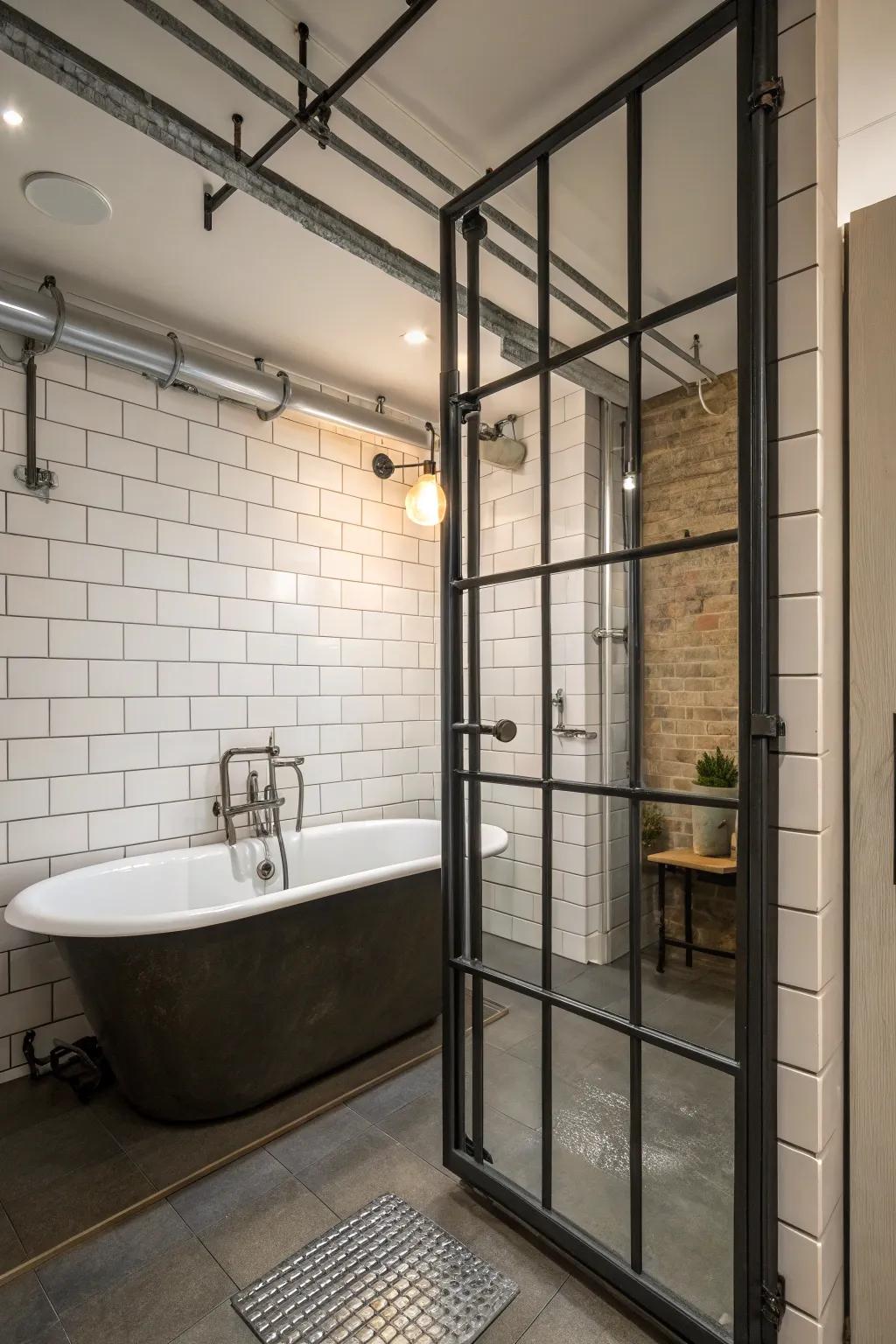 Metallic enclosures add an industrial edge to modern bathroom designs.
