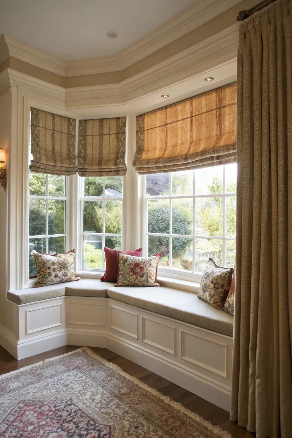 Roman shades offer elegance and privacy to your bay window.