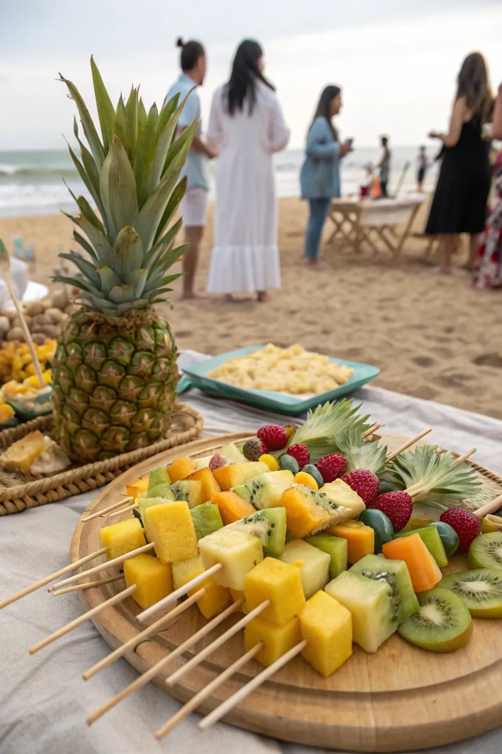 Exotic fruit skewers proffer a burst of hue and zest.