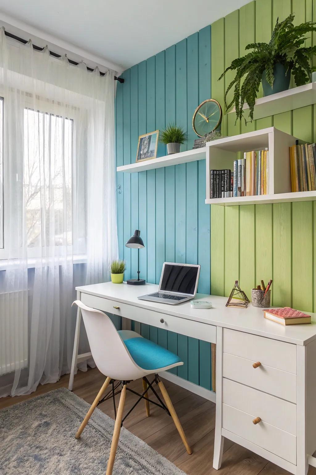 A varied workplace with colorful paneling divider.