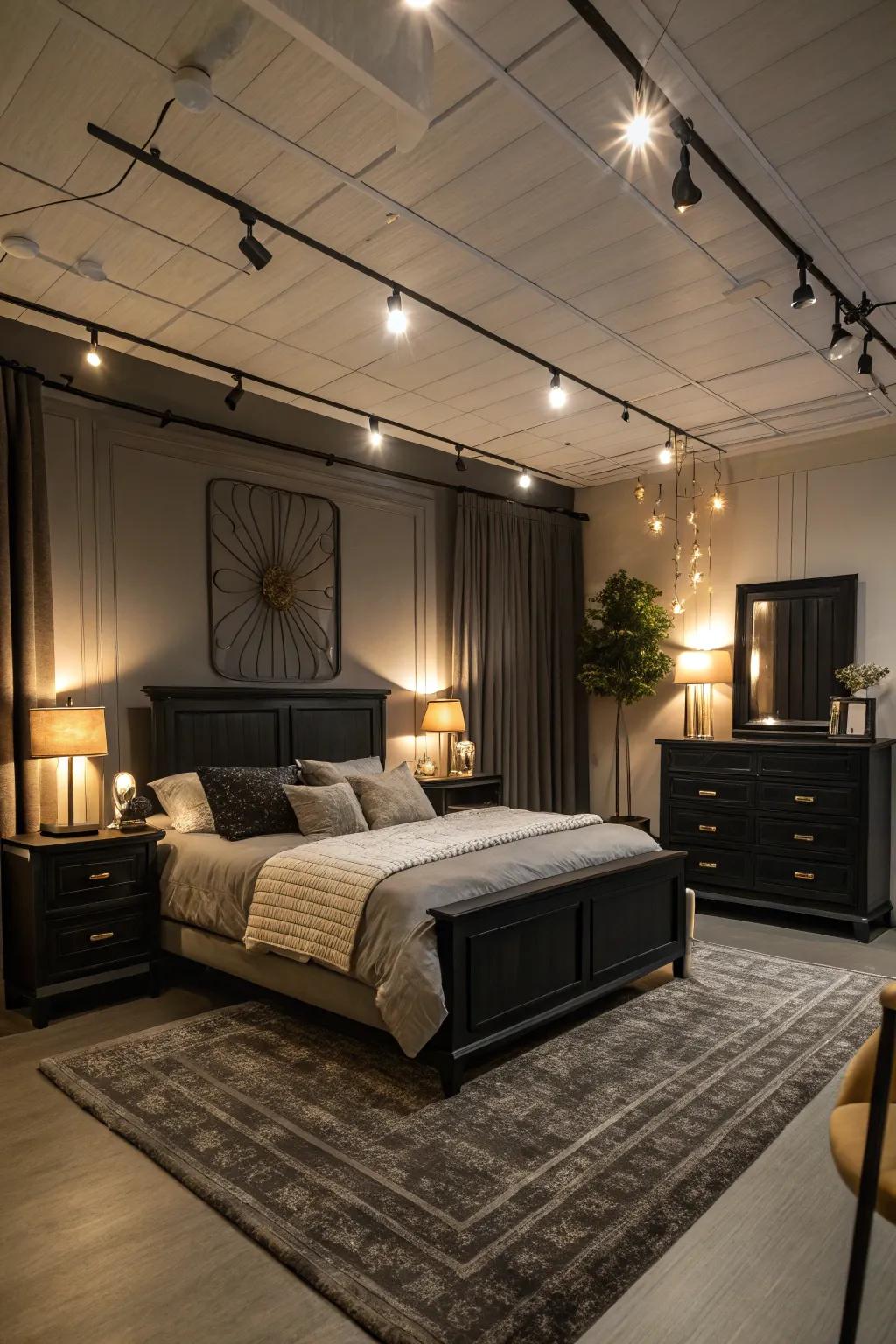 Strategic illumination accentuates the characteristics of ebony furniture, cultivating warmth.
