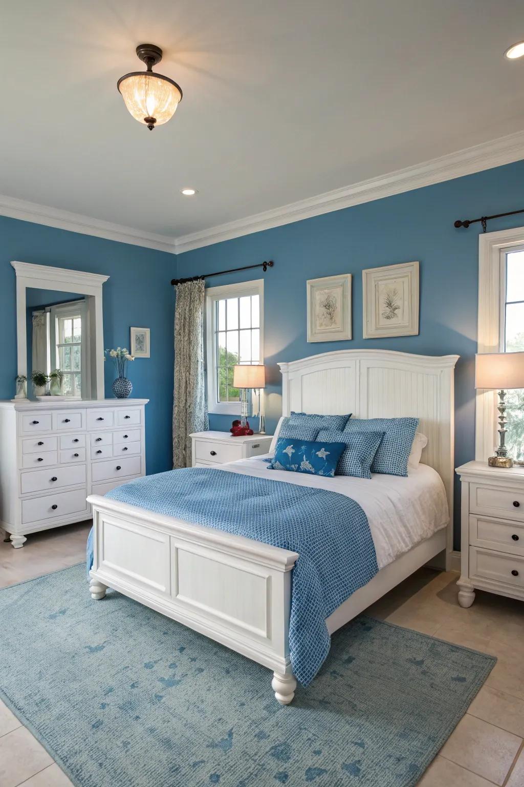 A bedroom that finds equilibrium in contrasting hues.