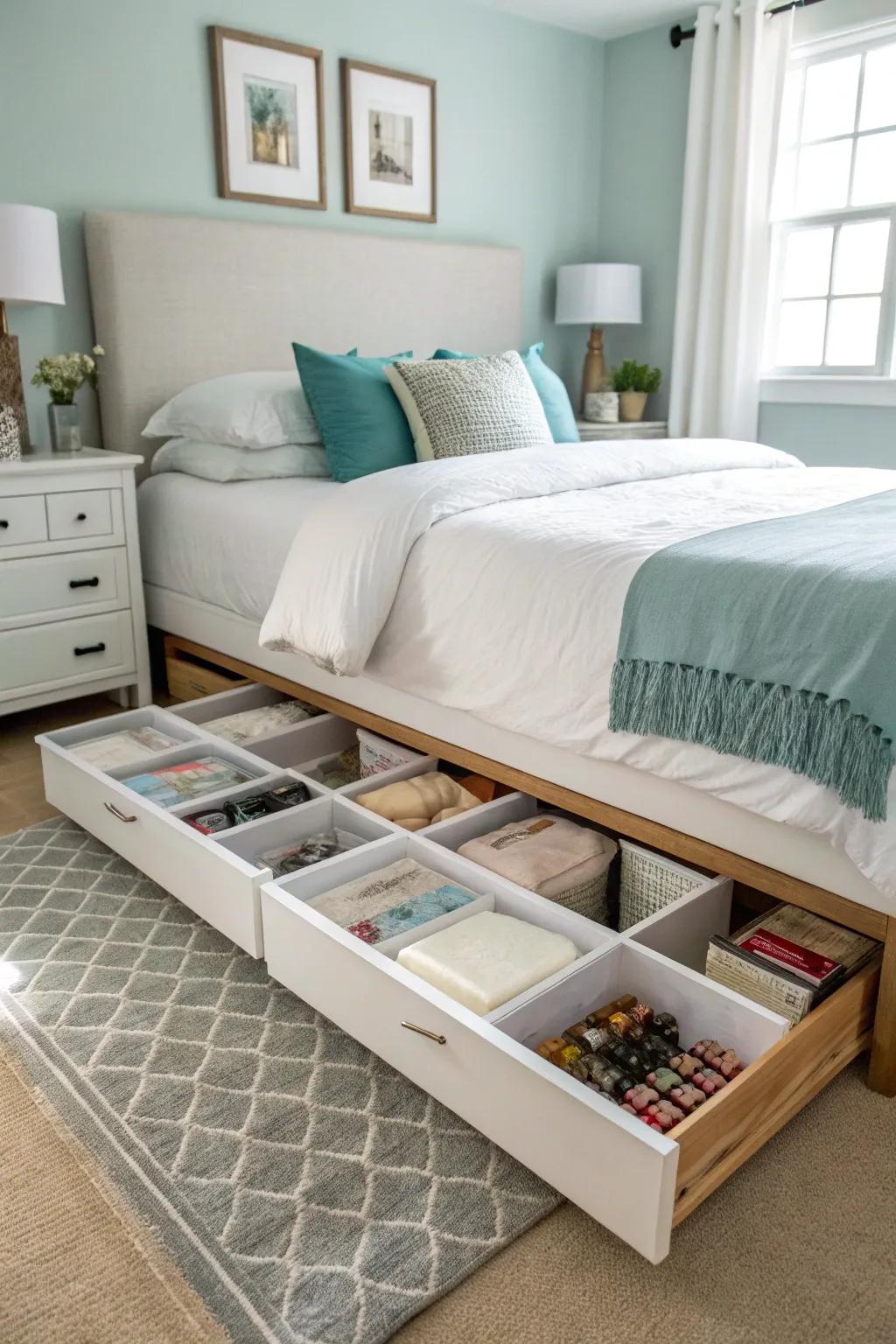 Sub-bed stowage sustains the slumber chamber organized and clutter-free.