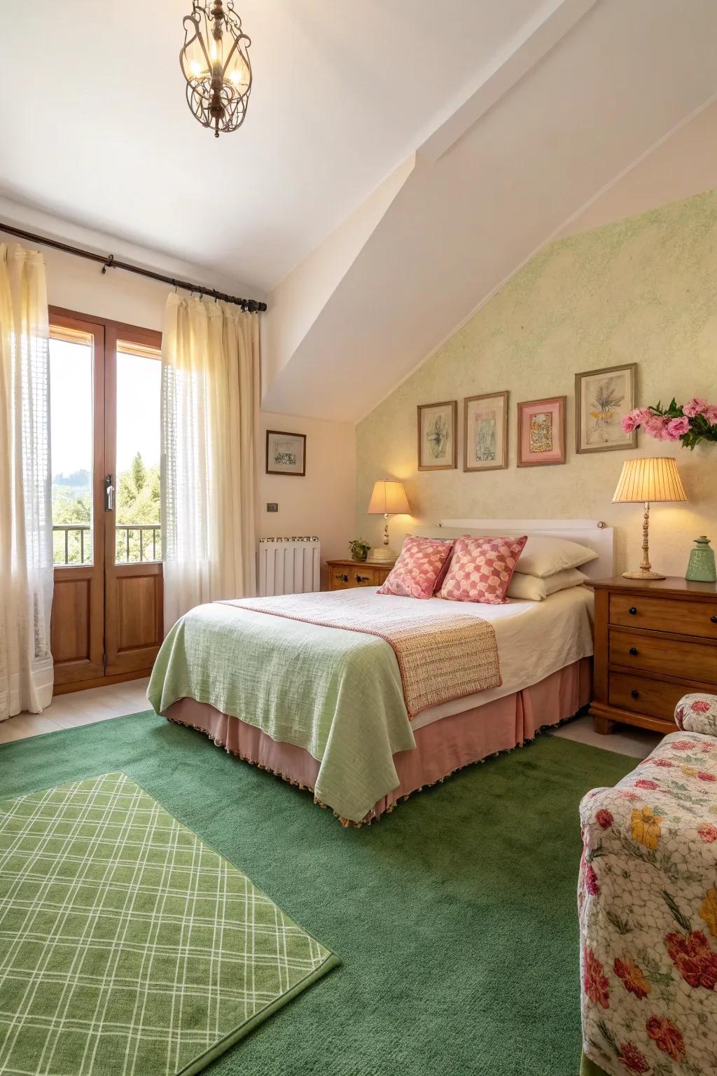 Harmonious balance is struck with the verdant floor covering thanks to complementary colours.