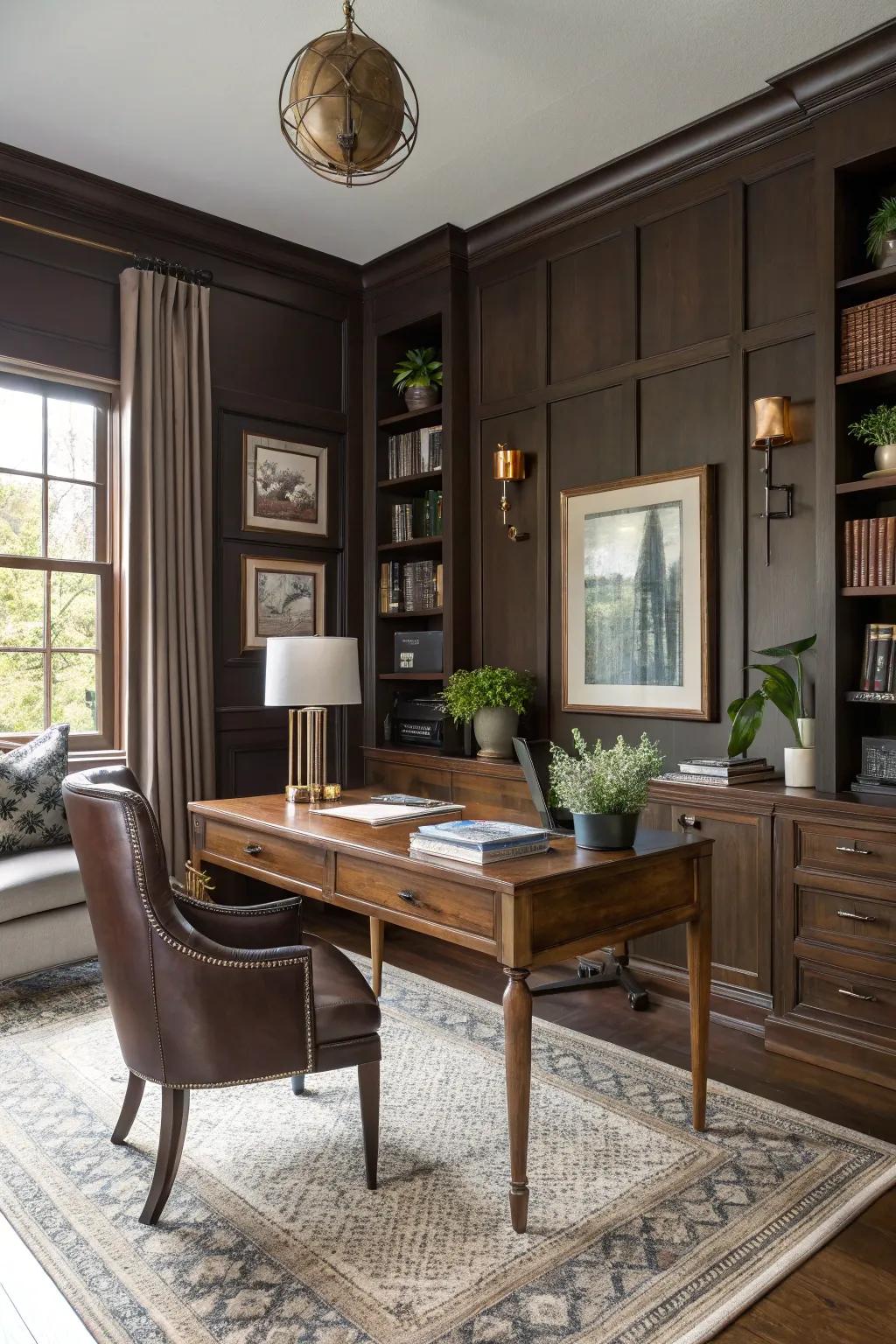 A sophisticated workspace featuring saturated brown walls.