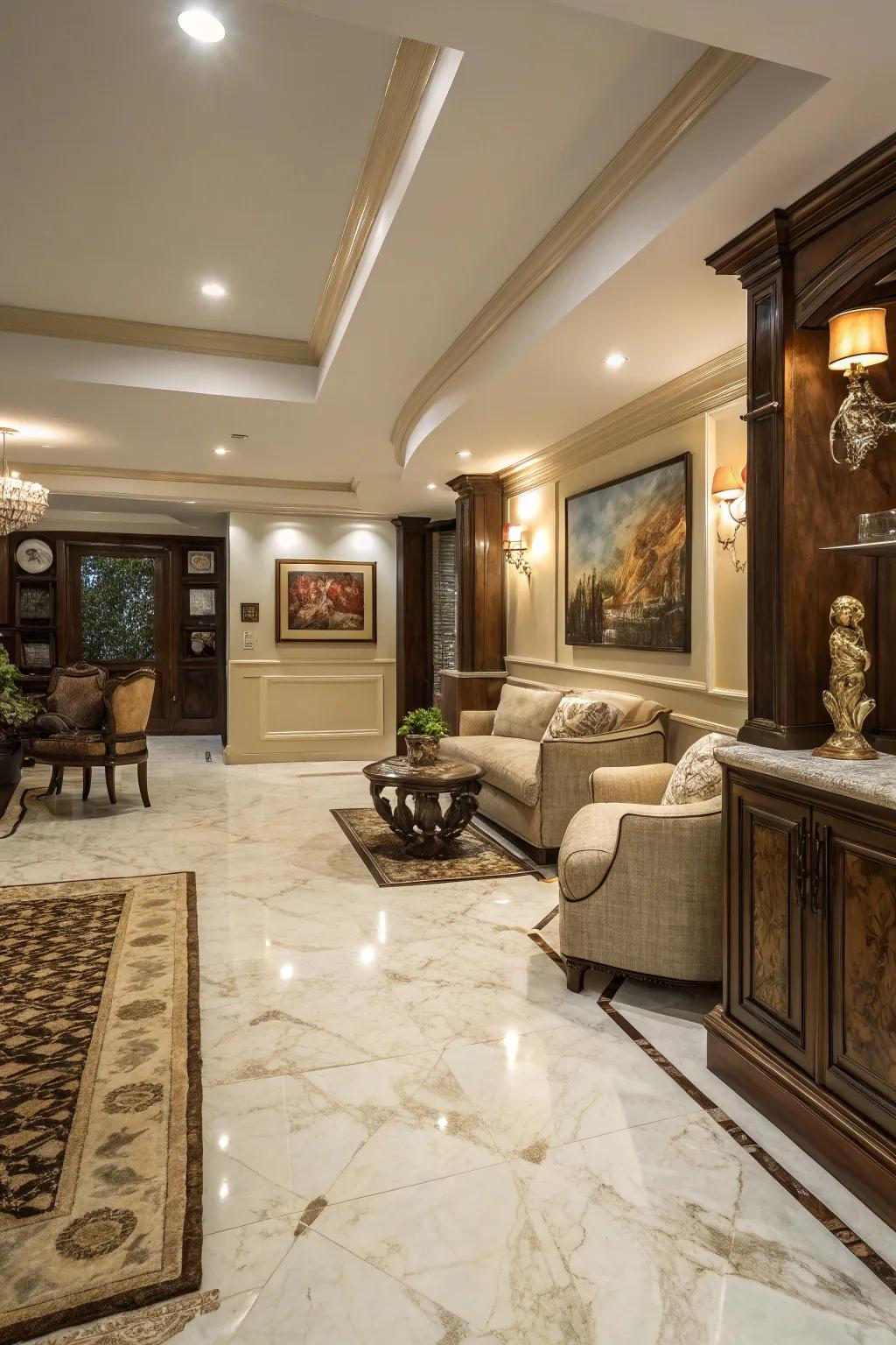 Simulated marble stoneware delivers an element of luxury to basement spaces.