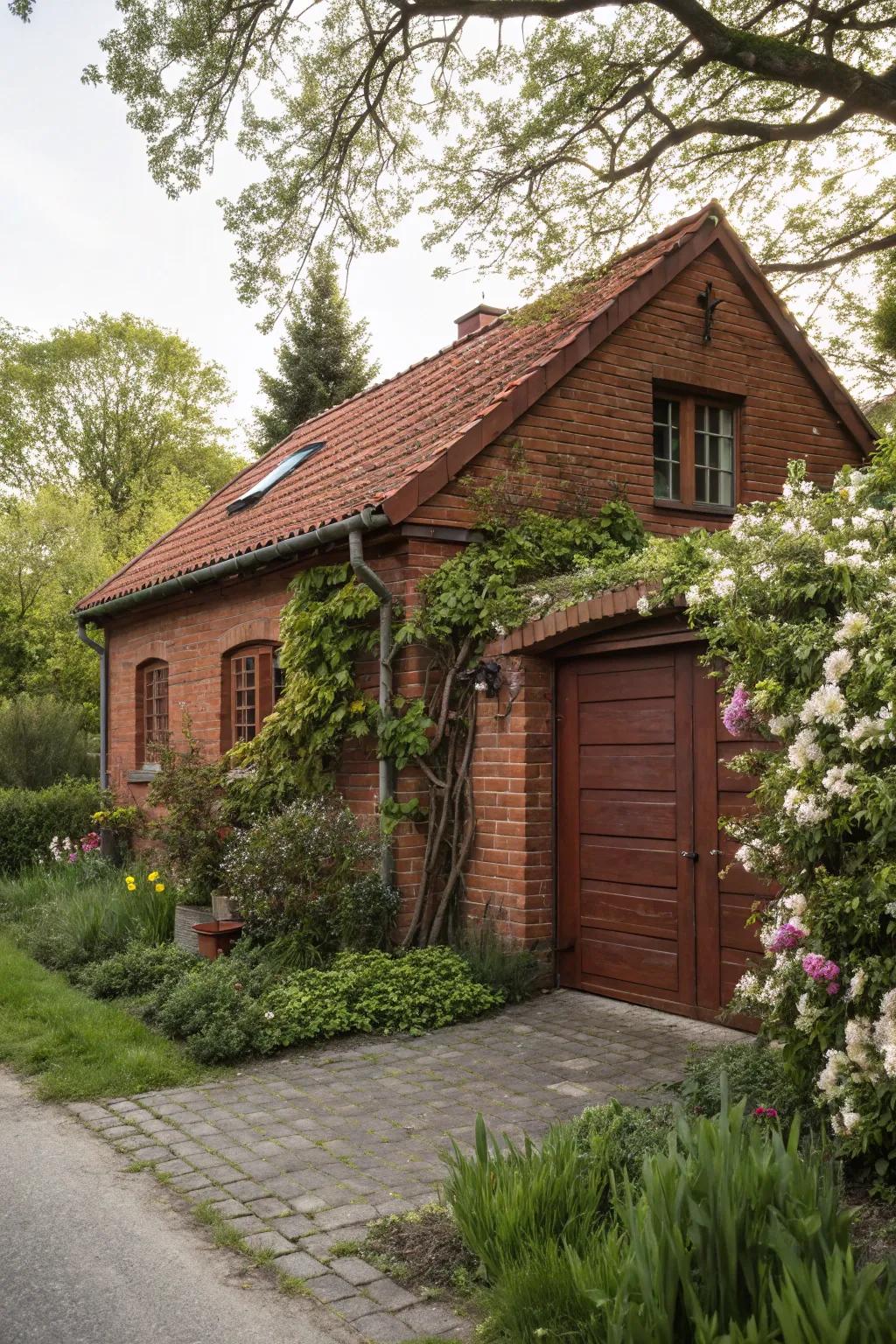 Brown garage doors offer a cozy feel to red brick houses.