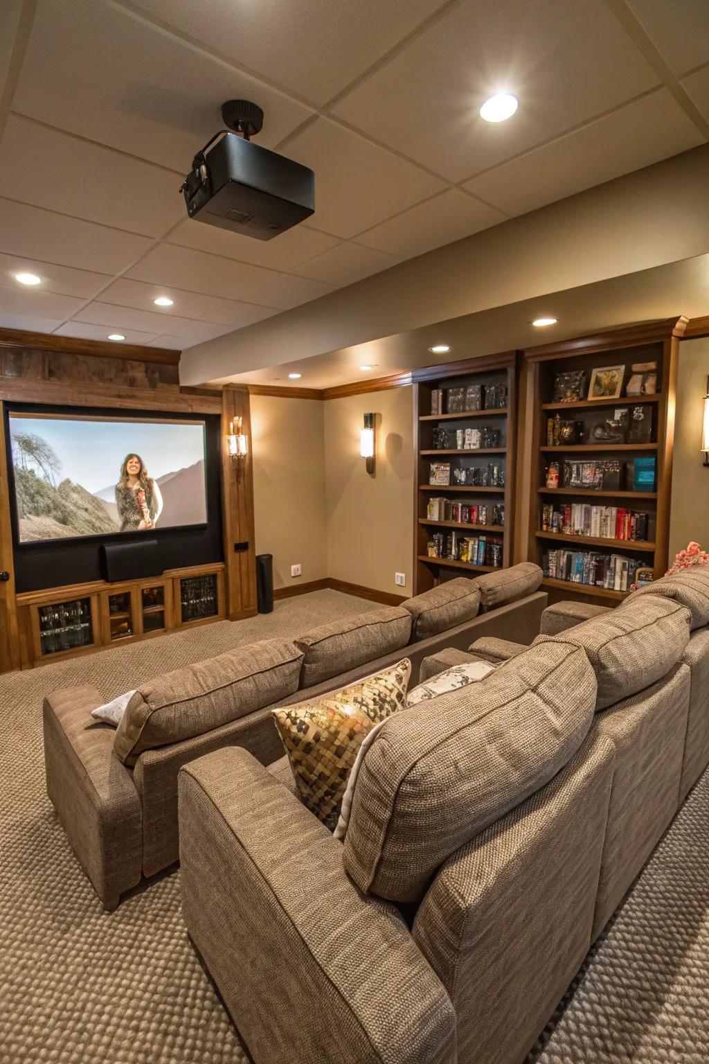 Modular seating offers flexibility for families in a home theater setting.